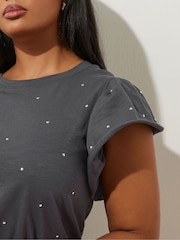 Yours Curve Grey 100% Cotton Frilled Sleeve Studded T-Shirt - Image 5 of 6