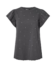 Yours Curve Grey 100% Cotton Frilled Sleeve Studded T-Shirt - Image 6 of 6