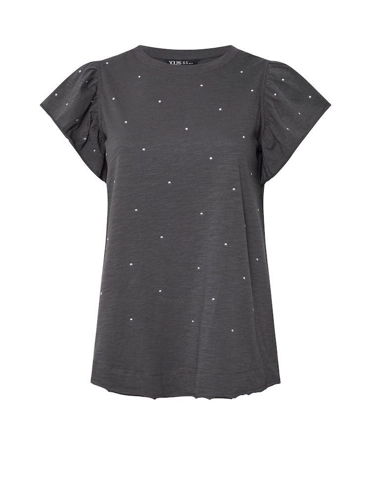 Yours Curve Grey 100% Cotton Frilled Sleeve Studded T-Shirt - Image 6 of 6