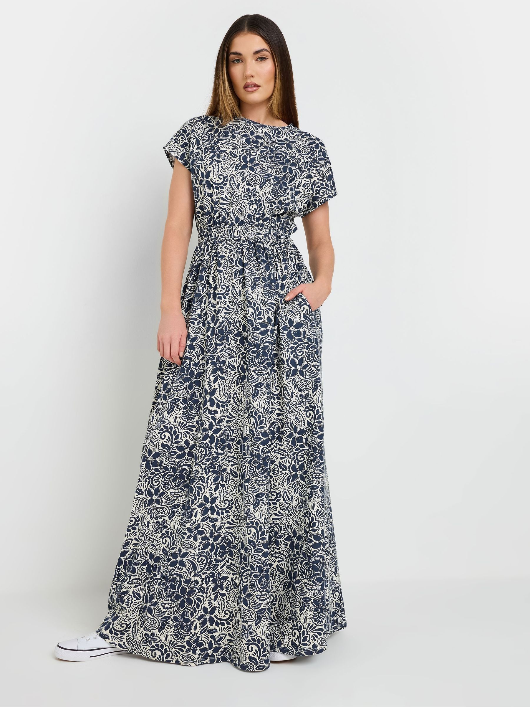 Long Tall Sally Blue 100% Cotton Floral Shirred Waist Dress