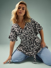 Yours Curve Black Angel Sleeve Wrap Top - Image 1 of 5