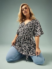 Yours Curve Black Angel Sleeve Wrap Top - Image 2 of 5