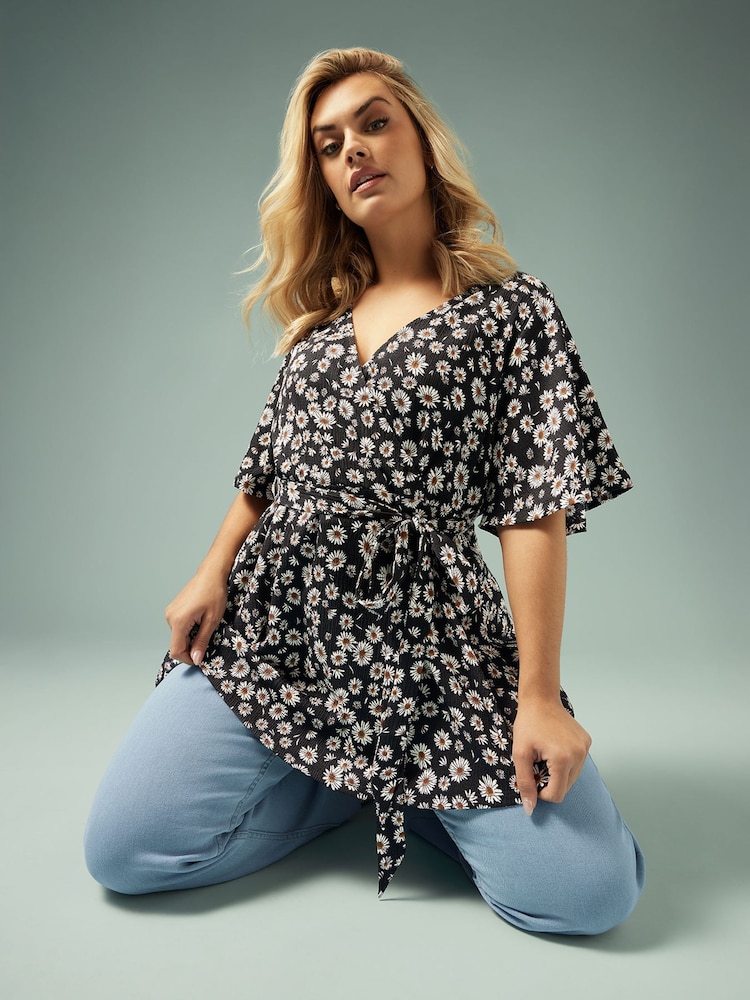 Yours Curve Black Angel Sleeve Wrap Top - Image 2 of 5