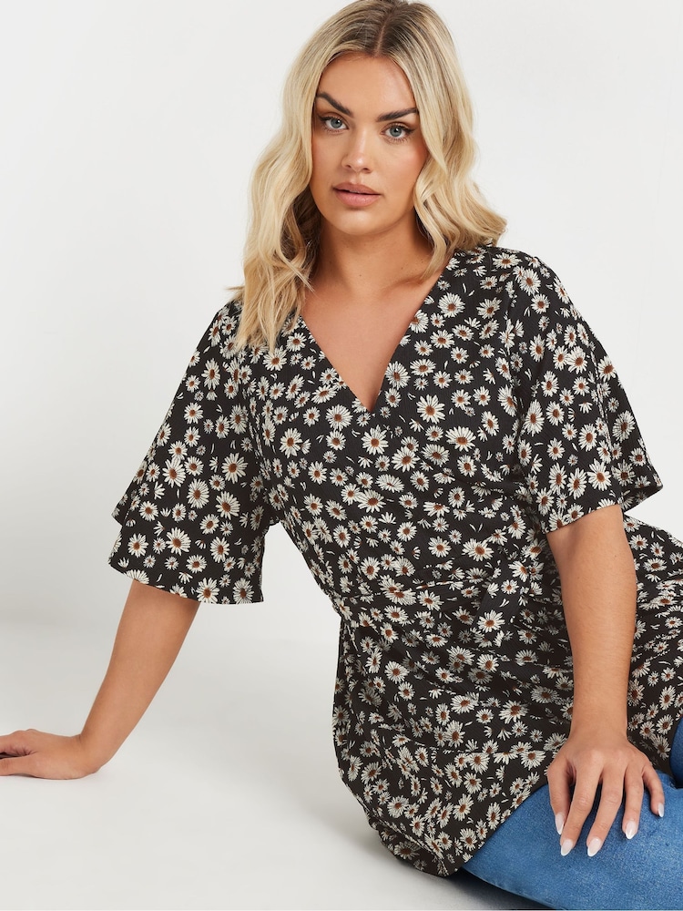 Yours Curve Black Angel Sleeve Wrap Top - Image 5 of 5