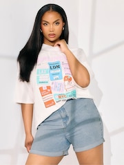 Yours Curve Blue Elastic Waist Denim Shorts - Image 1 of 5