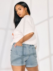 Yours Curve Blue Elastic Waist Denim Shorts - Image 3 of 5