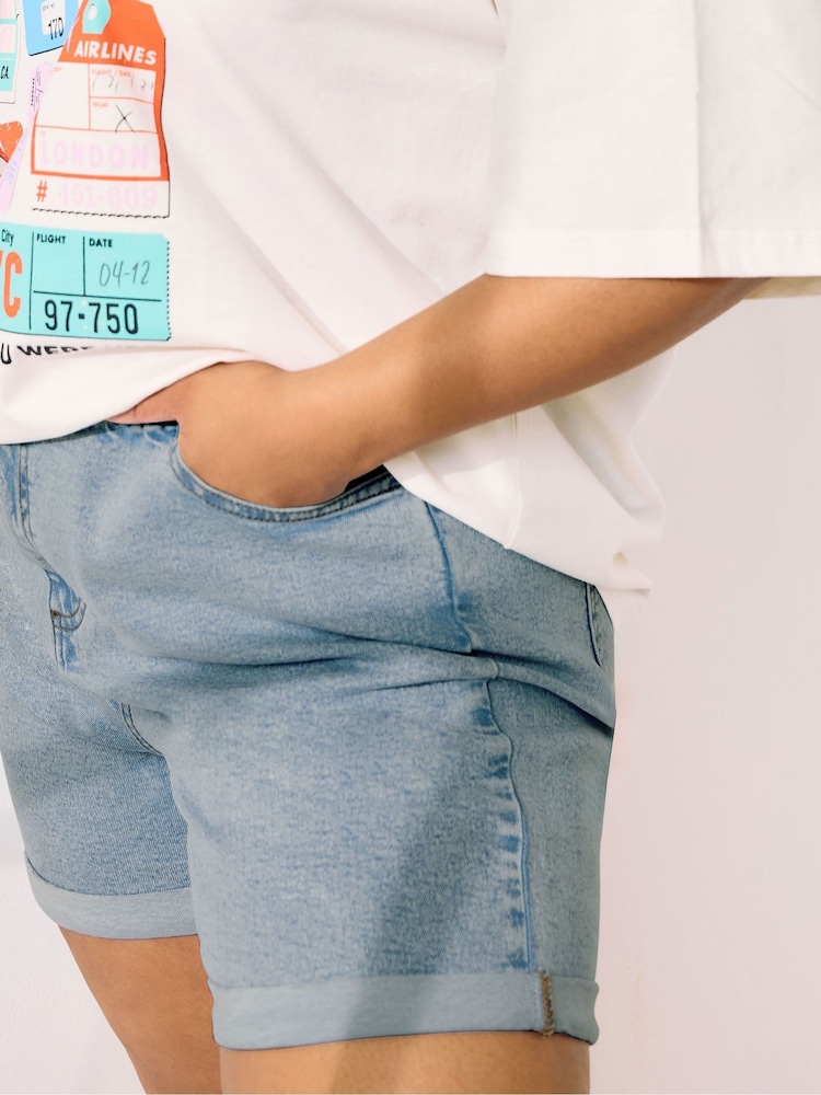 Yours Curve Blue Elastic Waist Denim Shorts - Image 4 of 5