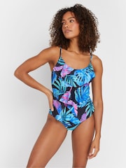 M&Co Black Floral Print Triple Frill Swimsuit - Image 1 of 7