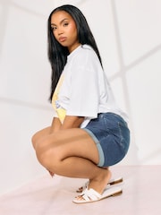 Yours Curve Mid-Blue Elastic Waist Denim Shorts - Image 2 of 5