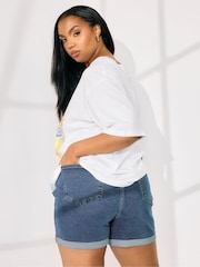 Yours Curve Mid-Blue Elastic Waist Denim Shorts - Image 3 of 5