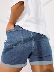 Yours Curve Mid-Blue Elastic Waist Denim Shorts - Image 4 of 5