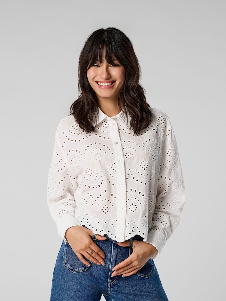 ONLY White Long Sleeved Broderie Anglais Shirt in 100% Cotton - Image 1 of 7