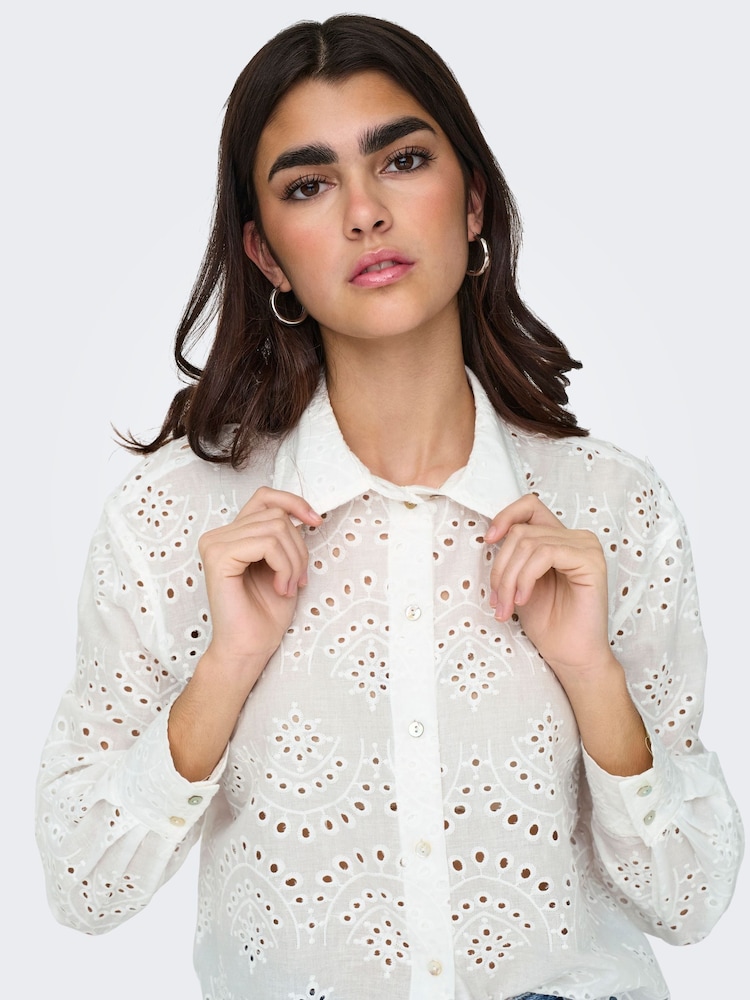 ONLY White Long Sleeved Broderie Anglais Shirt in 100% Cotton - Image 3 of 7