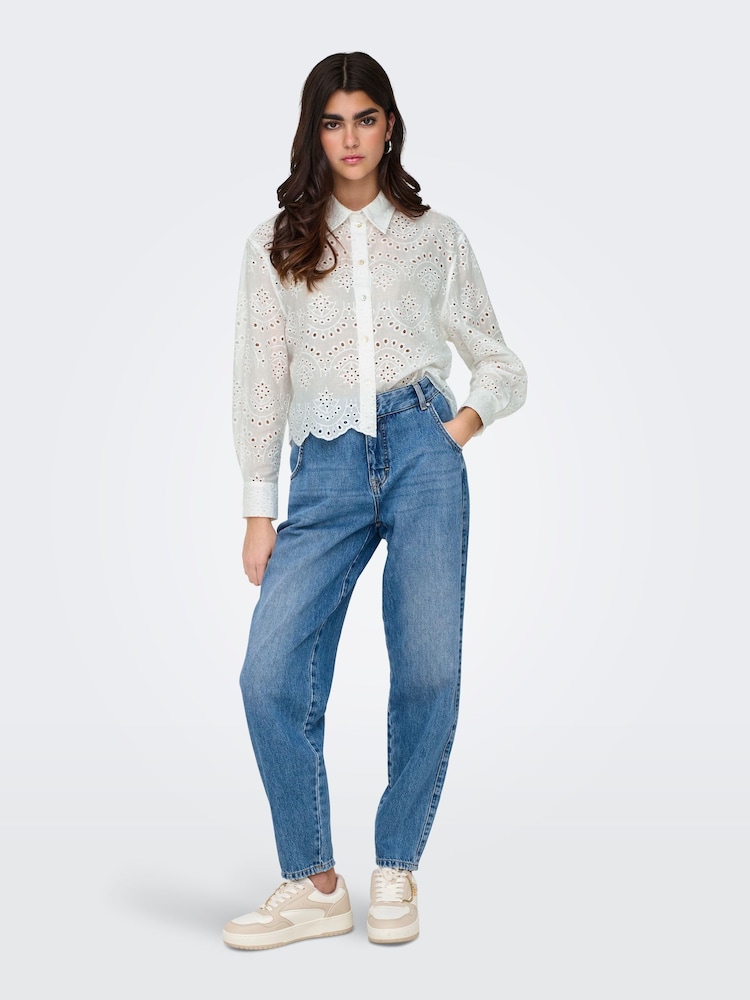 ONLY White Long Sleeved Broderie Anglais Shirt in 100% Cotton - Image 5 of 7