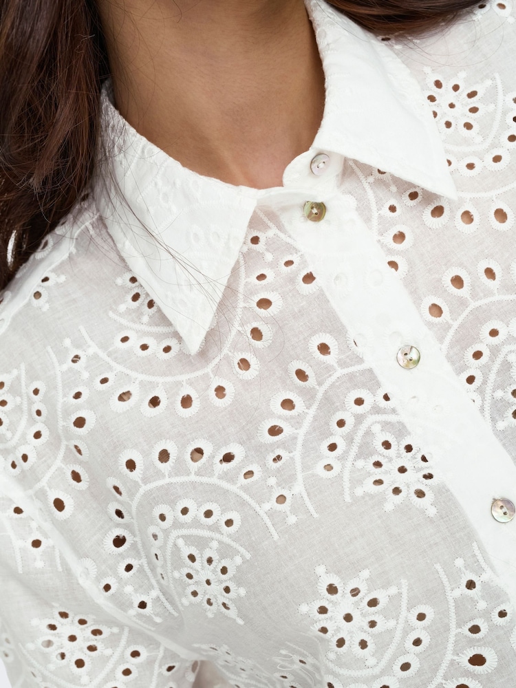 ONLY White Long Sleeved Broderie Anglais Shirt in 100% Cotton - Image 6 of 7