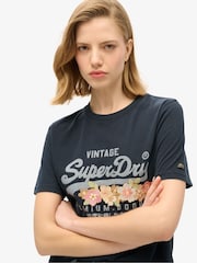 Superdry Blue Vintage Logo Premium Goods Floral 100% Cotton T-Shirt - Image 3 of 6