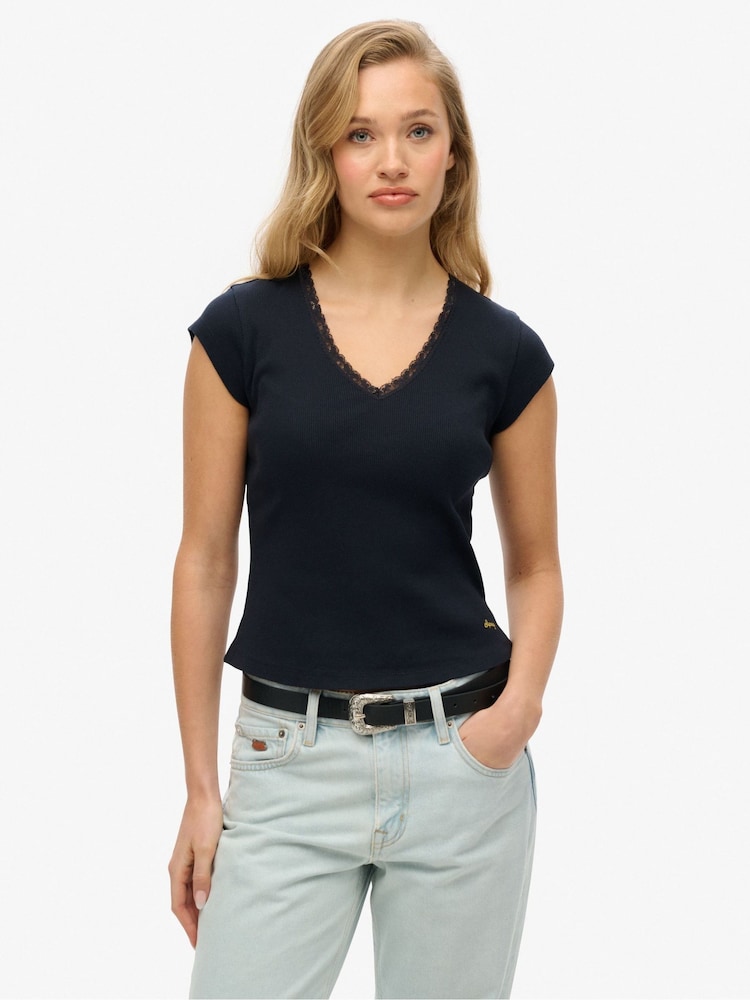 Superdry Blue 100% Cotton Essential Square Neck Short Sleeve T-Shirt - Image 1 of 4 Superdry Blue 100% Cotton Essential Square Neck Short Sleeve T-Shirt - Image 1 of 4
