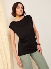 Friends Like These Black Petite Short Sleeve Drape Tunic - Image 1 of 4