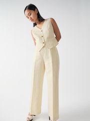 LK Bennett Cream Petite Amore Linen Blend Pinstripe Wide Leg Trousers - Image 3 of 4