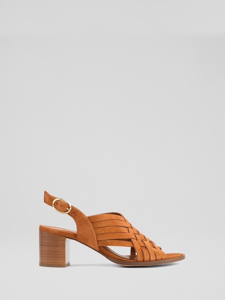 LK Bennett Brown Kacey Tan Suede Multi Strap Woven Sandals - Image 1 of 4