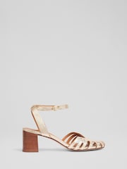 LK Bennett Metallic Aspen Pale Leather Heeled Plaited Front Dorsay Sandals - Image 1 of 4