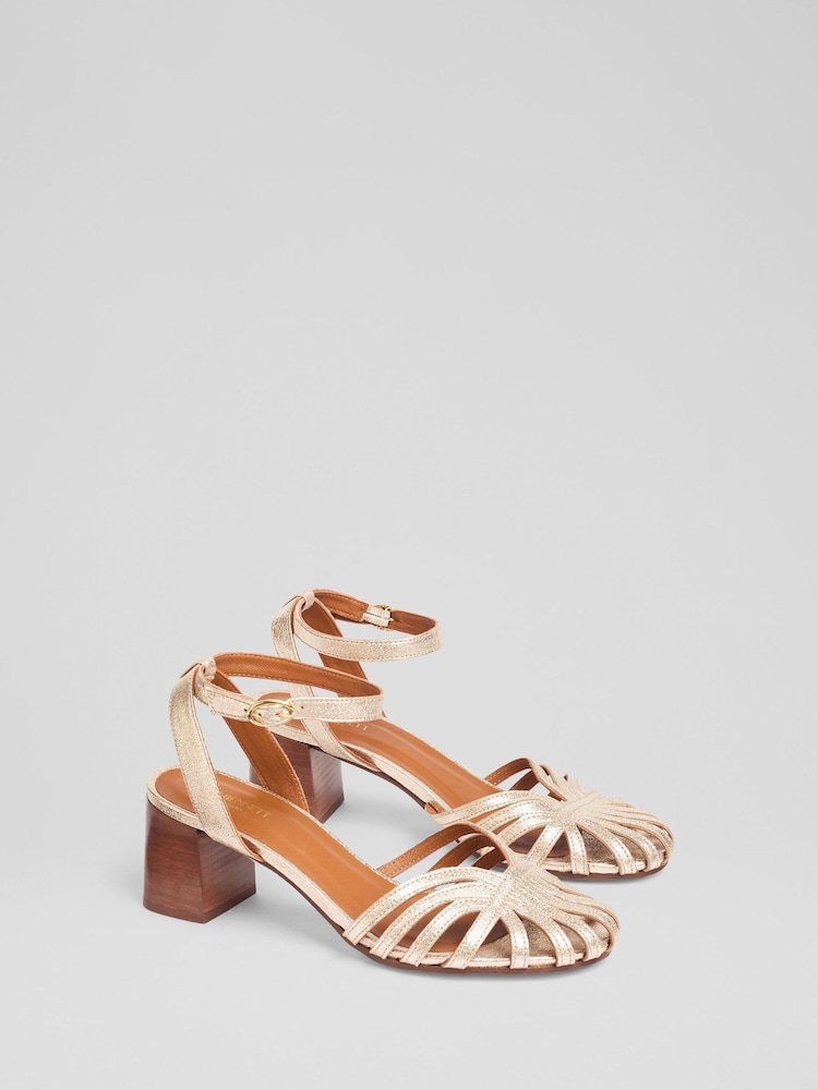 LK Bennett Metallic Aspen Pale Leather Heeled Plaited Front Dorsay Sandals - Image 2 of 4