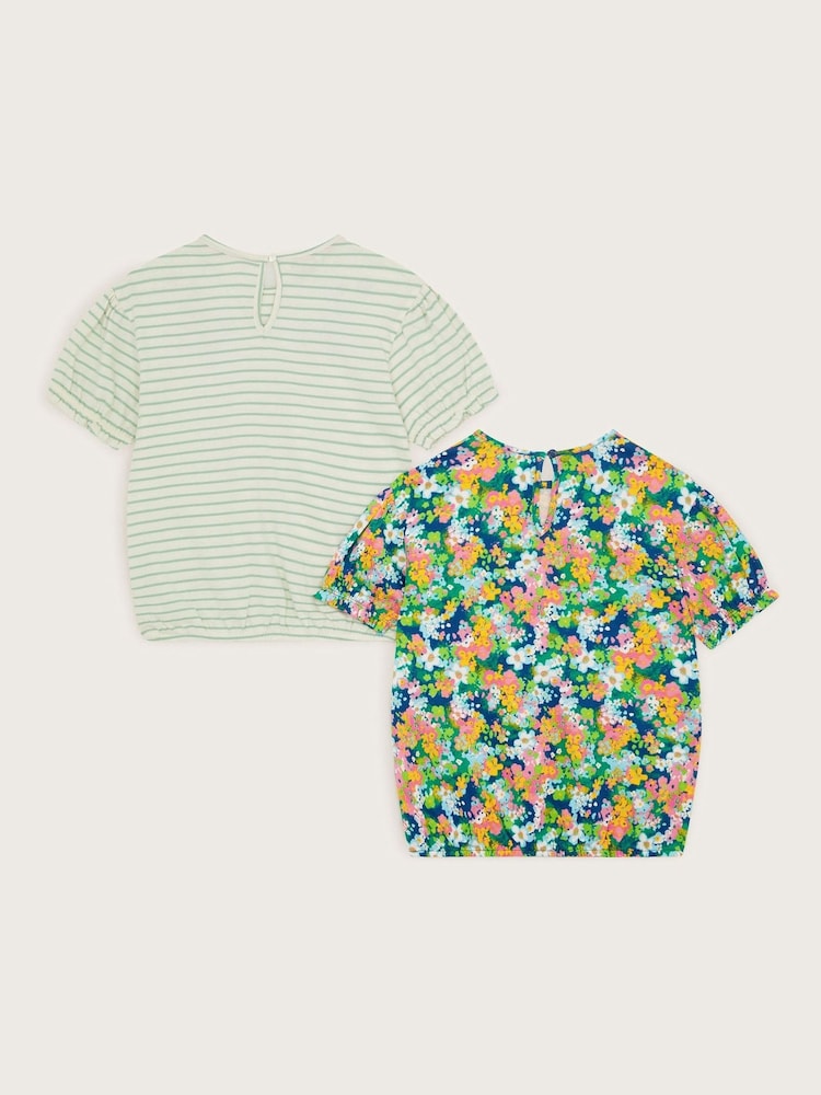 Monsoon Blue Stripe Floral 100% Cotton T-Shirts 2 Pack - Image 3 of 4