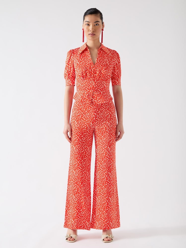 LK Bennett Red Sophie Aurora & Birch Viscose Ikat Spot Print Trousers - Image 1 of 4