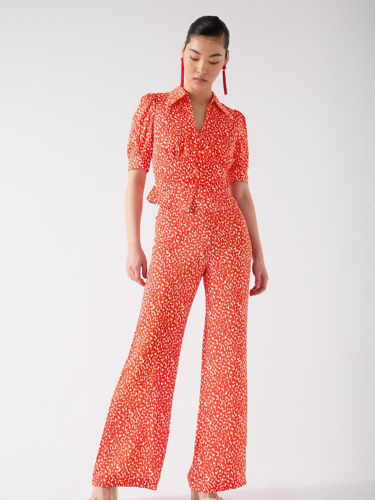 LK Bennett Red Sophie Aurora & Birch Viscose Ikat Spot Print Trousers - Image 3 of 4