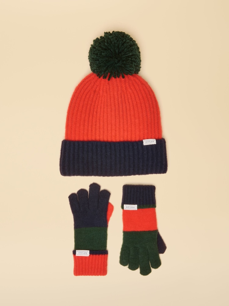 Joules Explorer Orange/Navy Hat and Gloves Set - Image 1 of 3 Joules Explorer Orange/Navy Hat and Gloves Set - Image 1 of 3