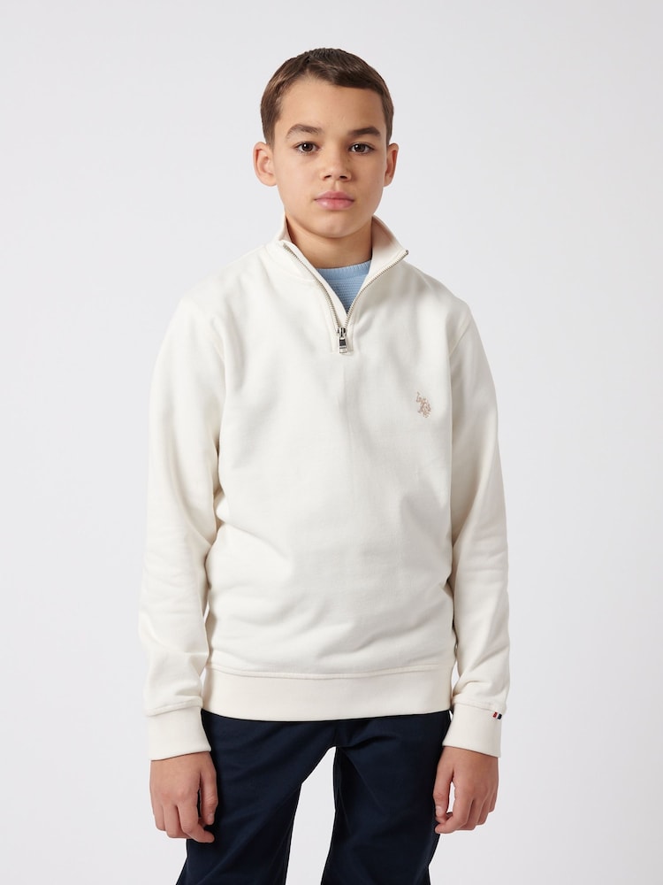 U.S. Polo Assn. Cream Boys 100% Cotton Double Horsemen Quarter Zip Sweatshirt - Image 1 of 8 U.S. Polo Assn. Cream Boys 100% Cotton Double Horsemen Quarter Zip Sweatshirt - Image 1 of 8
