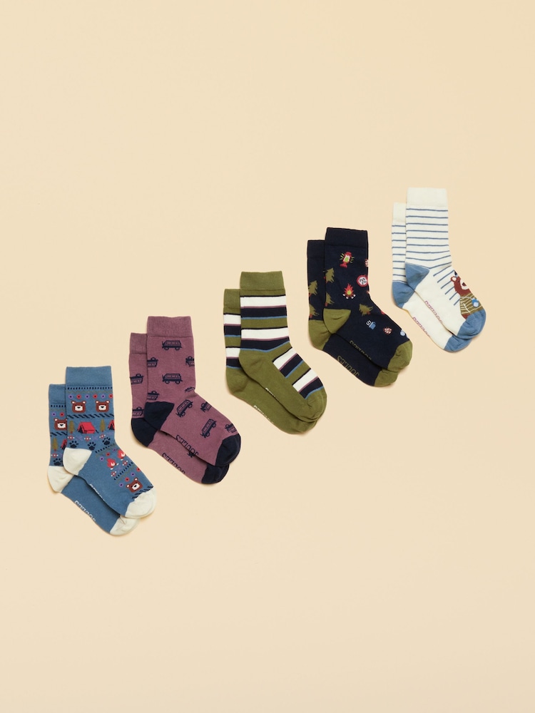 Joules Eat Feet Blue Bear 5 Pack Socks - Image 1 of 4 Joules Eat Feet Blue Bear 5 Pack Socks - Image 1 of 4