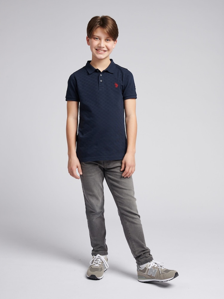 U.S. Polo Assn. Blue Boys 100% Cotton Check Texture Polo Shirt - Image 1 of 6