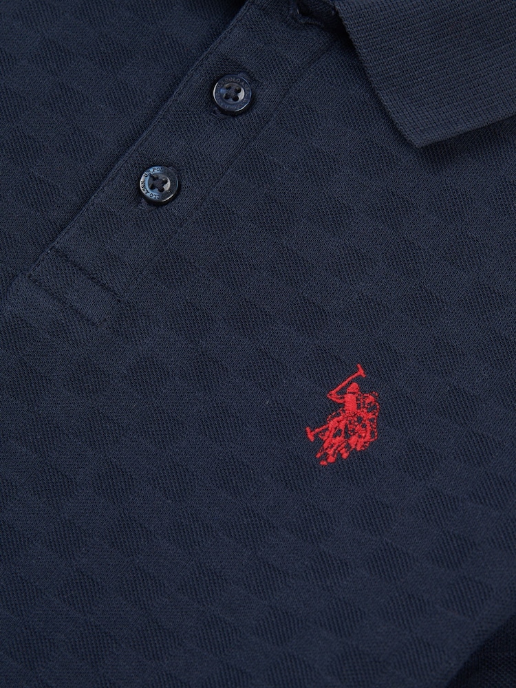 U.S. Polo Assn. Blue Boys 100% Cotton Check Texture Polo Shirt - Image 6 of 6