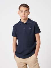 U.S. Polo Assn. Blue Boys 100% Cotton Texture Double Horsemen Polo Shirt - Image 1 of 7