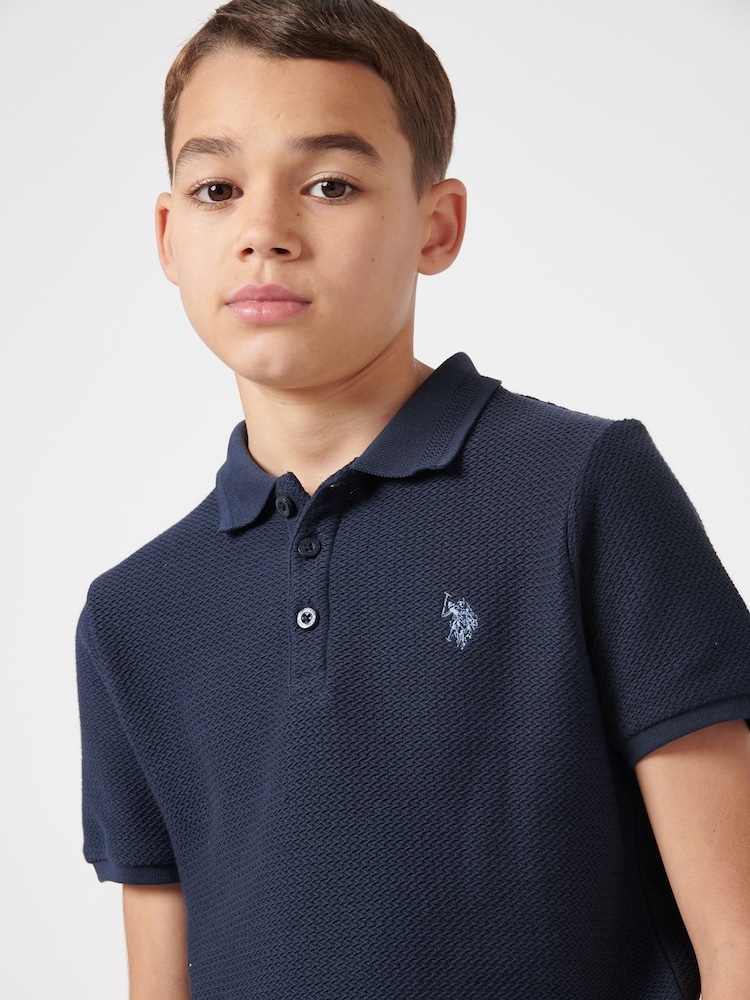 U.S. Polo Assn. Blue Boys 100% Cotton Texture Double Horsemen Polo Shirt - Image 2 of 7