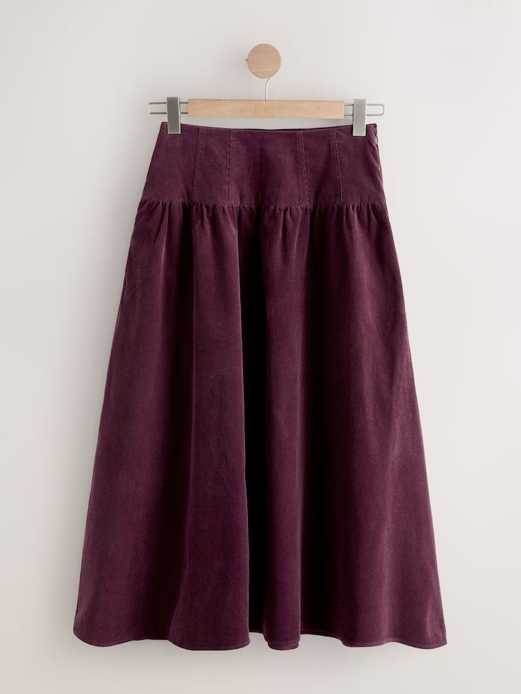 Burgundy Red Dropped Waist Corduroy Midi Skirt - Image 1 of 3 Burgundy Red Dropped Waist Corduroy Midi Skirt - Image 1 of 3