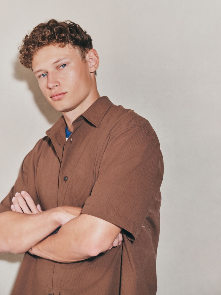 Brown EDIT Boxy Fit Seersucker Short Sleeve Shirt - Image 1 of 6 Brown EDIT Boxy Fit Seersucker Short Sleeve Shirt - Image 1 of 6