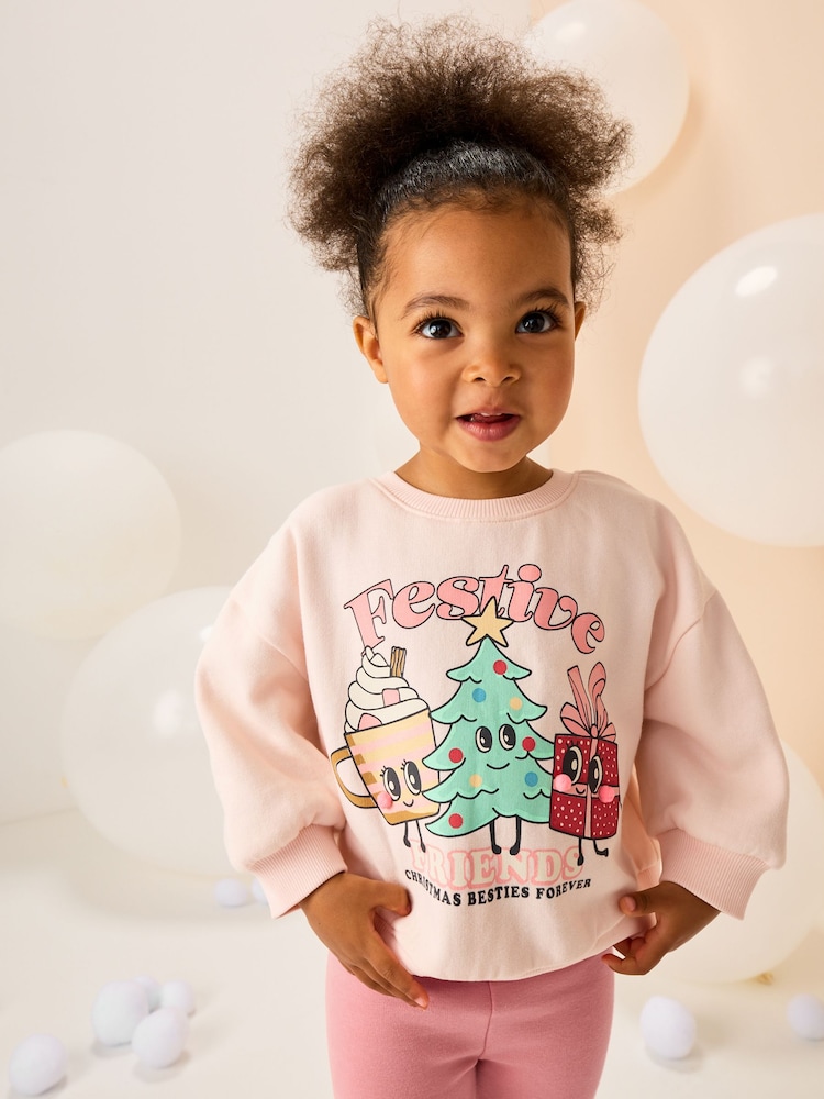 Light Pink Festive Friends Christmas Crew Neck Sweatshirt (3mths-7yrs) - Image 1 of 3
