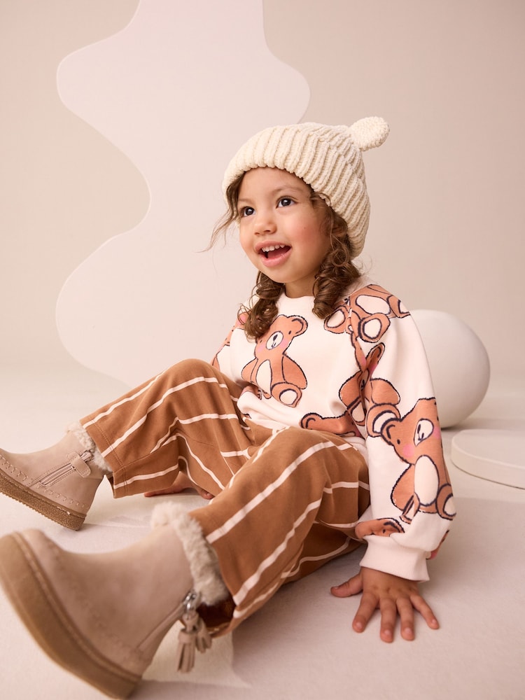 Brown Neutral Teddy Bear Sweatshirt and Barrel Leg Joggers Set (3mths-7yrs) - Image 1 of 4