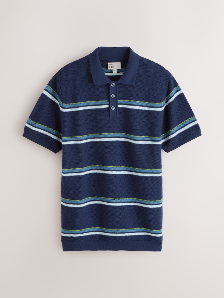 Blue EDIT Regular Fit Short Sleeve Stripe Crochet Polo Shirt - Image 1 of 3