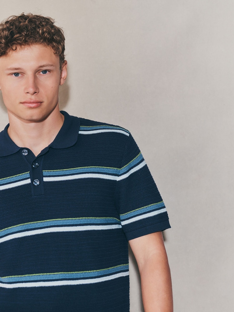 Blue EDIT Regular Fit Short Sleeve Stripe Polo Shirt - Image 1 of 7 Blue EDIT Regular Fit Short Sleeve Stripe Polo Shirt - Image 1 of 7