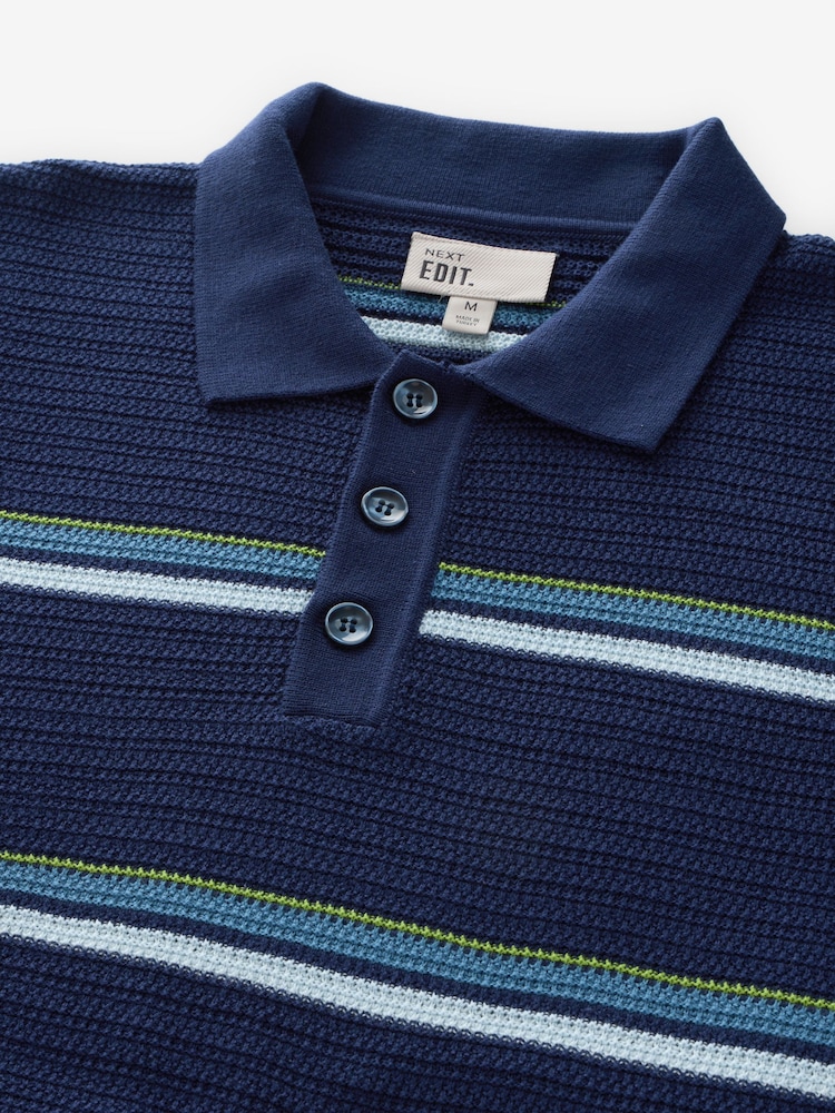 Blue EDIT Regular Fit Short Sleeve Stripe Crochet Polo Shirt - Image 2 of 3