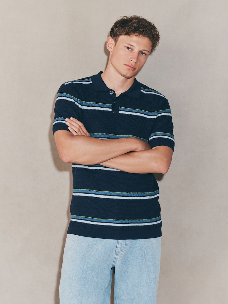 Blue EDIT Regular Fit Short Sleeve Stripe Polo Shirt - Image 2 of 7 Blue EDIT Regular Fit Short Sleeve Stripe Polo Shirt - Image 2 of 7