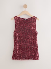 Red Lace Sequin Slash Neck Sleevless Top - Image 1 of 3
