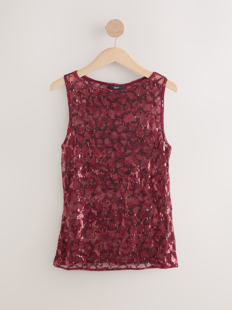 Red Lace Sequin Slash Neck Sleevless Top - Image 1 of 3