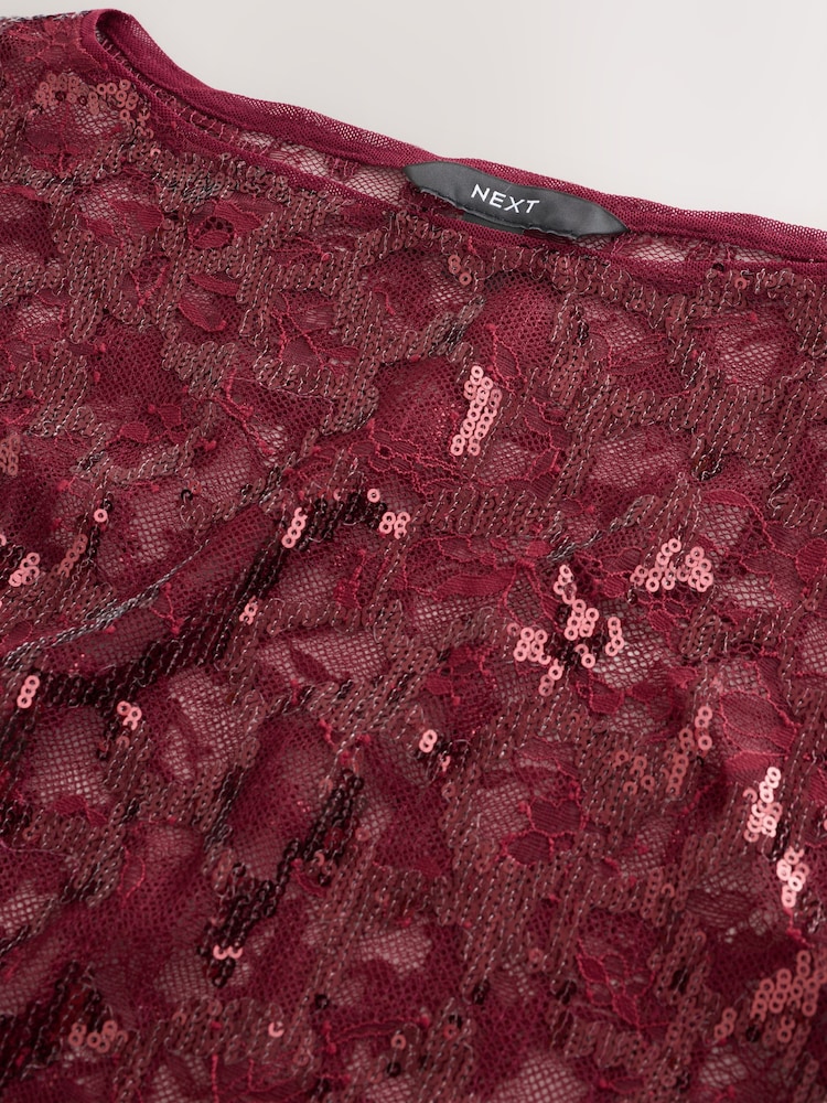 Red Lace Sequin Slash Neck Sleevless Top - Image 2 of 3
