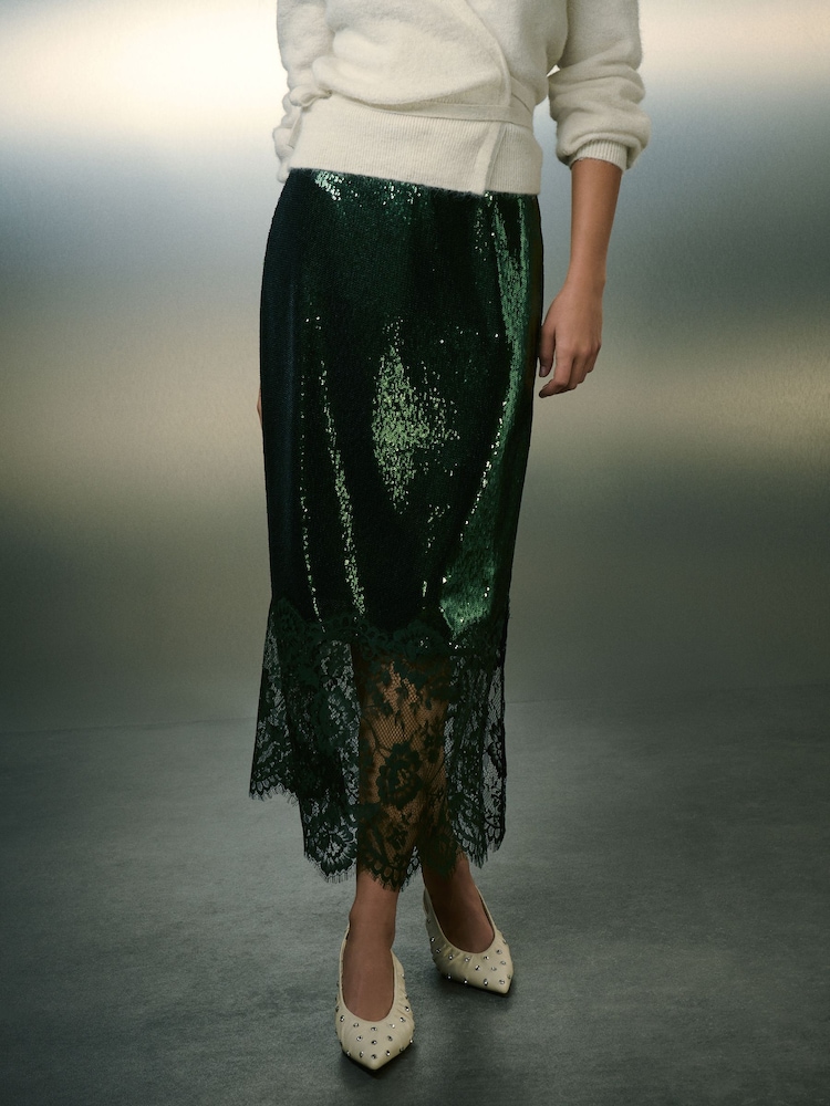 Green Sequin Midi Skirt With Lace Trim - Image 2 of 5