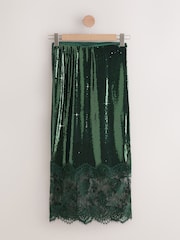 Green Sequin Midi Skirt With Lace Trim - Image 6 of 9