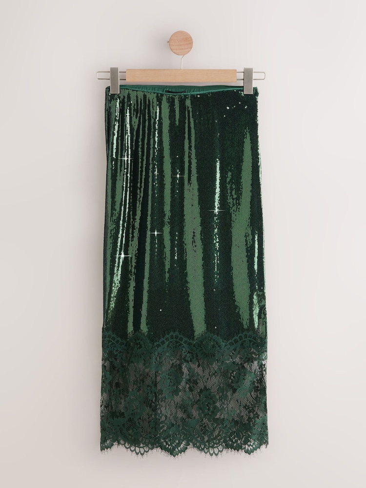 Buy Green Sequin Midi Skirt With Lace Trim from Next USA Buy Green Sequin Midi Skirt With Lace Trim from Next USA